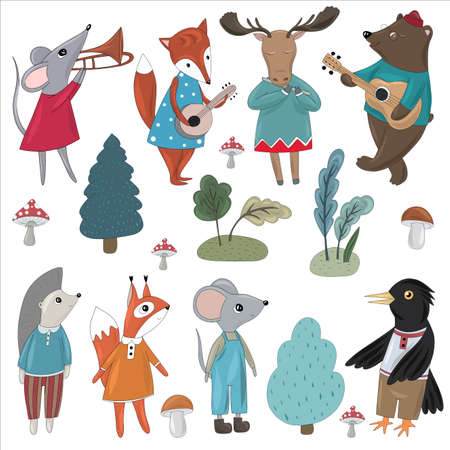 Large collection of forest animals. Fox, mouse, elk, bear, squirrel, crow, hedgehog and trees and mushrooms from the forest. Animals with musical instruments. Forest concert. Vector illustrationのイラスト素材