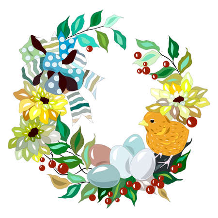 Easter wreath with eggs and chicken. spring flowers. Floral Easter vignette. Hand drawn holiday background. round frame. easter illustration yana holidayのイラスト素材