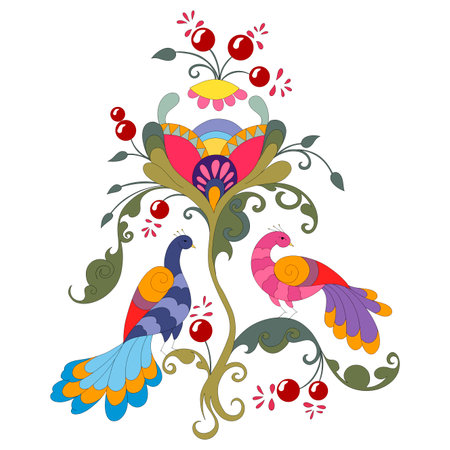 Seamless pattern with birds. Seamless pattern with two beautiful birds. Ethnic birds on the branches of flowers of paradise in bright colors. Colorful fabulous birds of paradise among decorative floweのイラスト素材