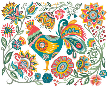 Polish floral embroidery with roosters is a traditional folk pattern. Chicken and flowers in Chinese style.のイラスト素材