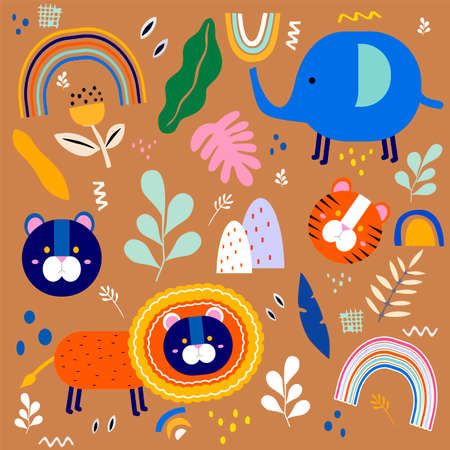 Abstract doodles. Baby animal pattern. fabric pattern. Vector illustration with cute animals. Nursery baby pattern illustrationのイラスト素材