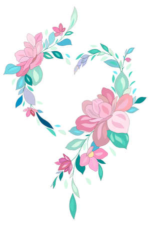 Vector frame of flowers in the shape of a heart. Isolated botanical illustration for postcard. Heart of meadow flowers and leaves. Gift certificate for girls and beauty salons.のイラスト素材