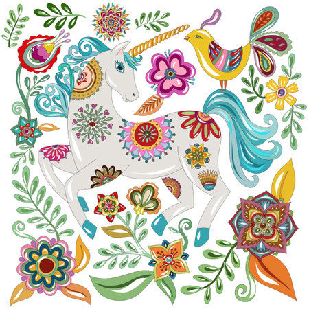 Fairy unicorn, a bouquet of flowers on a white background. Composition for postcard, poster, banner. Vector rustic and folk. Folk motifs of flowers.のイラスト素材