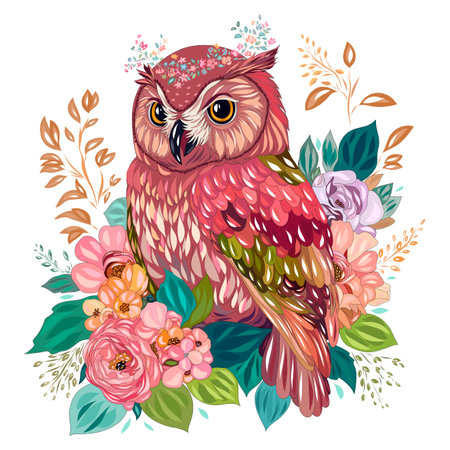 Owl among flowers and plants. Wise owl on a flowering branch. vector graphicsのイラスト素材