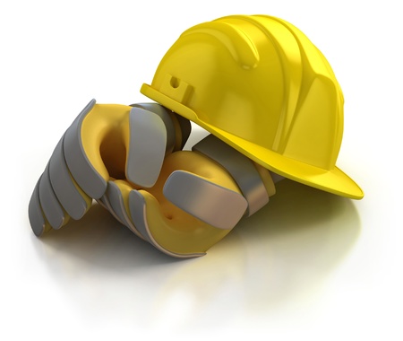 construction helmet and gloves isolated on white background の写真素材