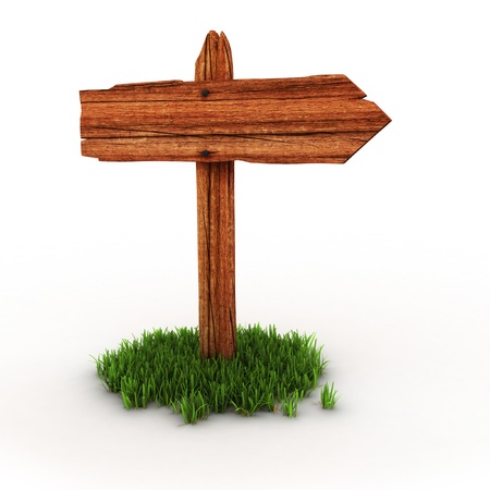old wooden empty signpost on grass isolated on white background の写真素材