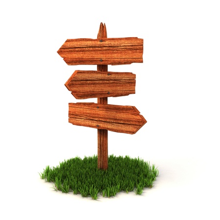 old wooden empty signpost on grass isolated on white background の写真素材