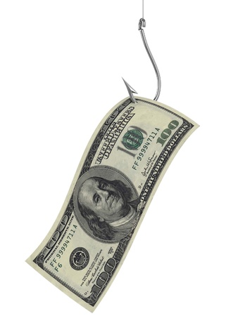 hundred dollars as bait on fishing hook の写真素材