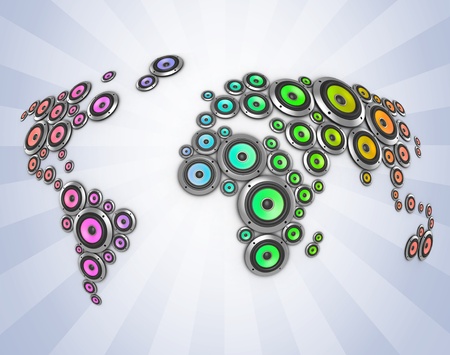 planet of sound 3d illustration - many loudspeakers forming the world map の写真素材