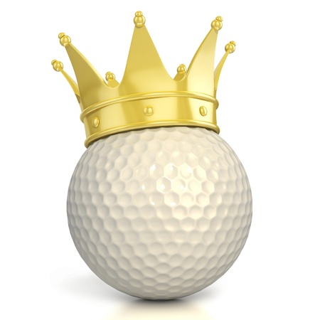 golf ball with golden crown isolated over white background の写真素材