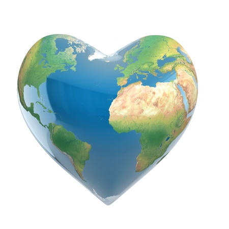love planet 3d concept - heart shaped earth isolated on whiteの写真素材