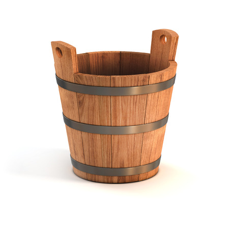 wooden bucket isolated on whiteの写真素材