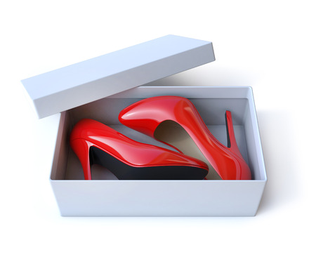 Shoe box with pair o high heels shoes 3d illustrationの写真素材