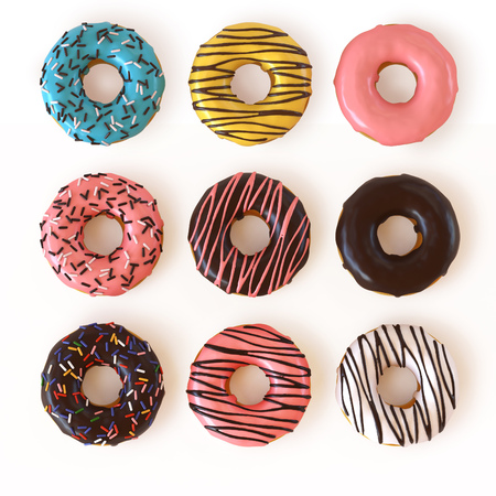 Donut set isolated on white background 3d renderingの写真素材