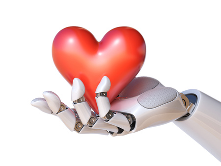 Robot hand holding a heart 3d renderingの写真素材