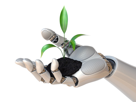 Robot hand holding plant, synthetic life, genetic engineering concept, 3d renderingの写真素材