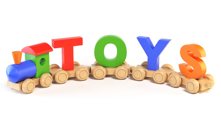 Train font, locomotive with TOYS letters as railroad cars 3d renderingの写真素材