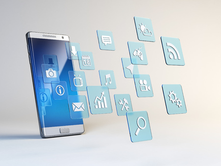 Mobile app concept, application icons around smart phone 3d renderingの写真素材
