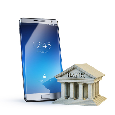 Bank next to mobile phone, online banking concept, 3d renderingの写真素材