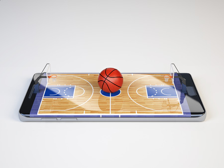 Smart phone as basketball court, watch online, bet online concept, 3d renderingの写真素材
