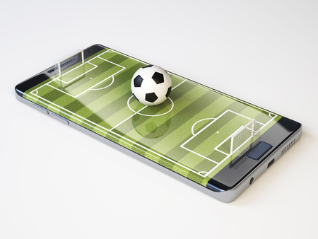 Smart phone as football field, watch online, bet online concept, 3d renderingの写真素材