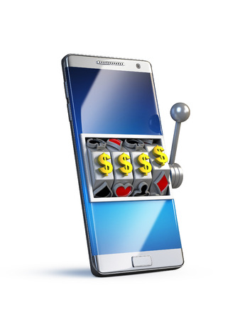 Online gambling concept, smart phone with slot machine 3d renderingの写真素材