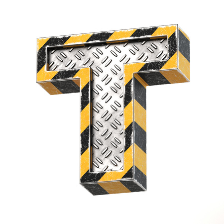 Industrial black and yellow striped metallic font, 3d rendering, letter Tの写真素材