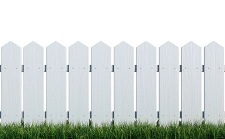 Wooden fence painted white on grass with white background 3d renderingの写真素材