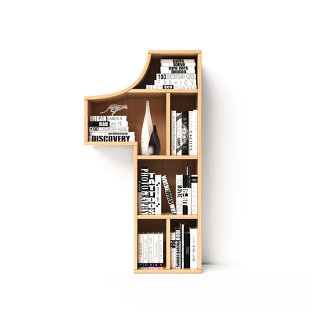 Bookshelves 3d font. Alphabet in the form of book shelves. Mockup font. Number 1, 3d renderingの写真素材