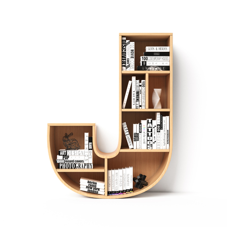 Bookshelves 3d font. Alphabet in the form of book shelves. Mockup font. Letter J , 3d renderingの写真素材