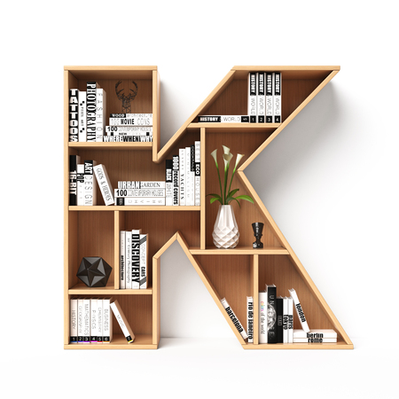 Bookshelves 3d font. Alphabet in the form of book shelves. Mockup font. Letter K,  3d renderingの写真素材