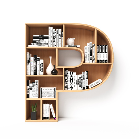 Bookshelves 3d font. Alphabet in the form of book shelves. Mockup font. Letter P,  3d renderingの写真素材