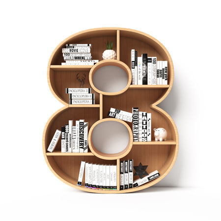 Bookshelves 3d font. Alphabet in the form of book shelves. Mockup font. Number 8,  3d renderingの写真素材
