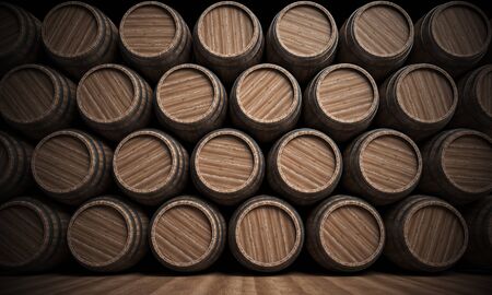 Wooden barrels stacked full background, 3d rendering