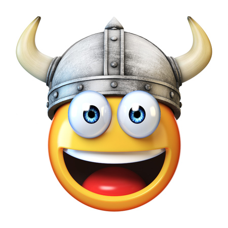 Viking emoji isolated on white background, emoticon wearing Viking helmet 3d renderingの写真素材