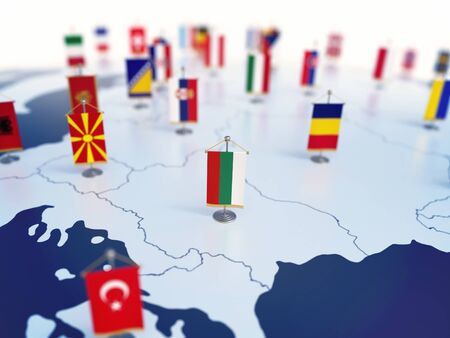 Flag of Bulgaria in focus among other European countries flags. Europe marked with table flags 3d...