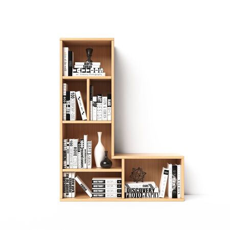 Bookshelves 3d font. Alphabet in the form of book shelves. Mockup font. Letter L 3d renderingの写真素材