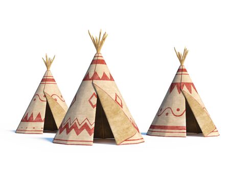 North America's indian tents isolated on white background, tepee village, 3d rendering