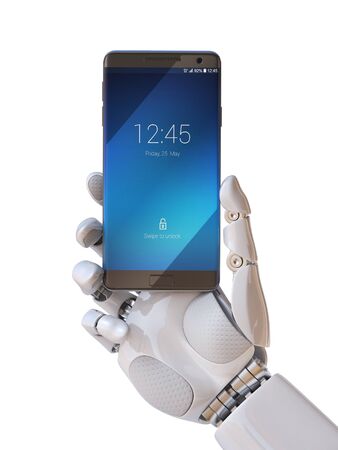 Robot hand holding smart phone 3d renderingの写真素材