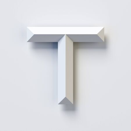 Letter T, square three dimensional font, white, simple, geometric, casting shadow on the background wall, 3d renderingの写真素材