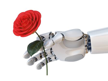 Robot hand holding red artificial rose 3d renderingの写真素材