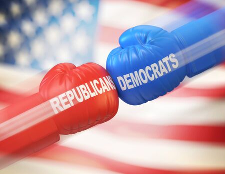 Democrats vs. Republicans. Two boxing gloves against each other in colors of Democratic and Republican partie, 3d renderingの写真素材