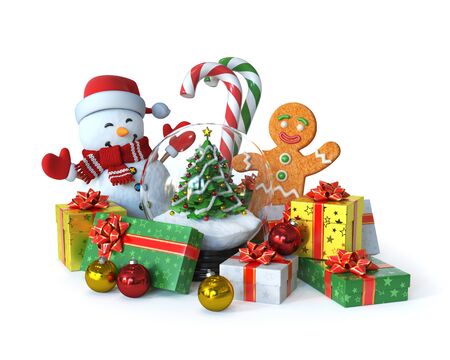 Christmas postcard, presents, Snowman, Gingerbread man, candy sticks, snow ball with Christmas tree and other decorations 3d renderingの写真素材