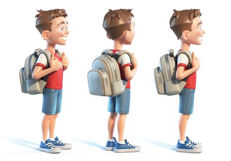 Young boy with school bag, stylized cartoon character, school kid 3d renderingの写真素材