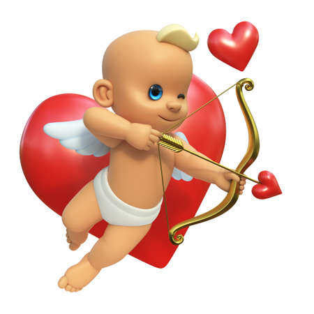 Cupid infront of big red heart, love and Valentine's day symbol. Cupid shooting arrow, isolated on...