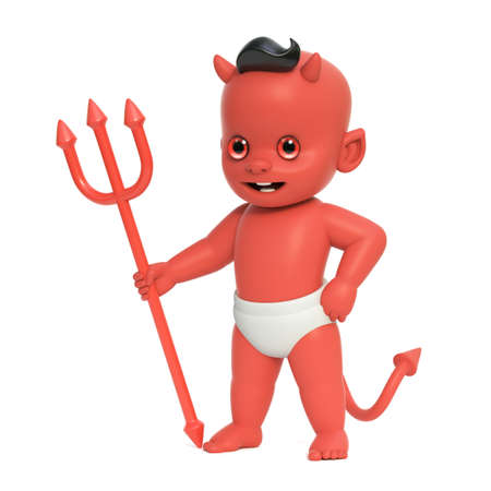 Red baby devil, shoulder devil with horns and tail holding trident, 3d rendering