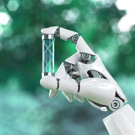 Robotic hand holding DNA  sample, artificial intelligence concept, bionic brain 3d rendering