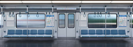 Subway car empty interior, metro cross section, 3d rendering
