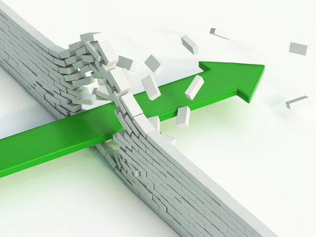 Arrow breaking brick wall abstract 3d illustration - power solution concept - infiltration - success metaphor 3d renderingの写真素材