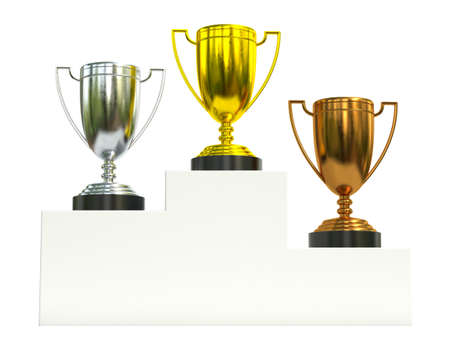 Golden, silver and bronce trophies on  champion podium, first, second and third prize 3d renderingの写真素材